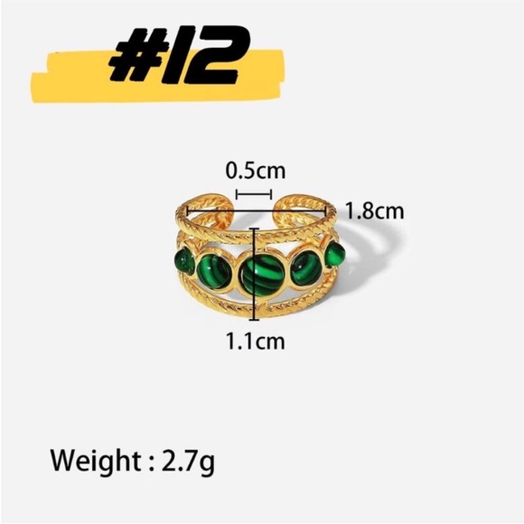 18K Gold Plated Emerald Green Vintage Adjustable Ring Set 7PCS Statement - Picture 13 of 15